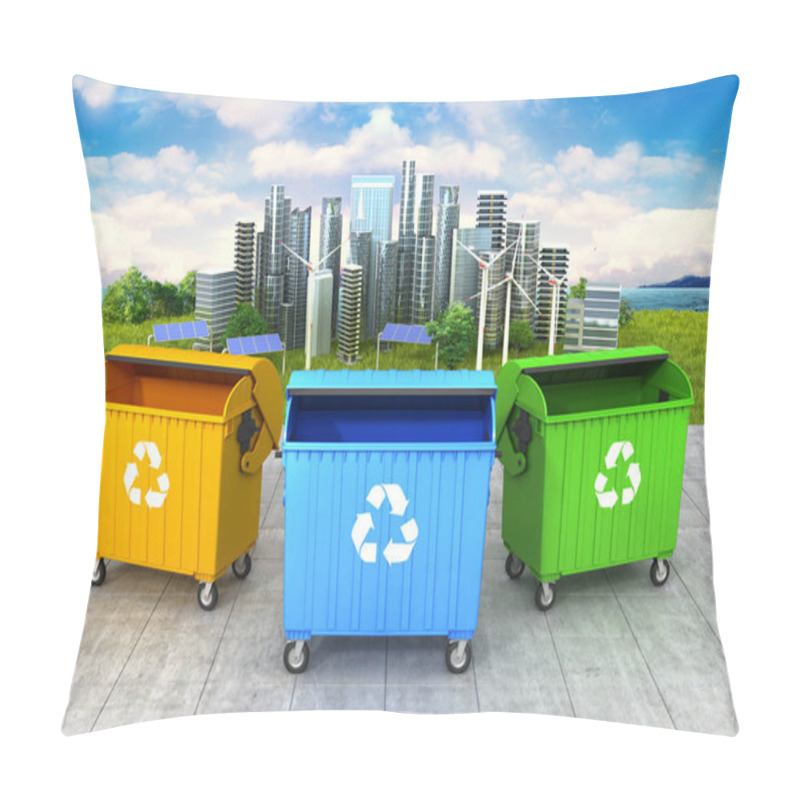 Personality  Concept Of A Clean Environment. Three Refuse Container On The Cl Pillow Covers