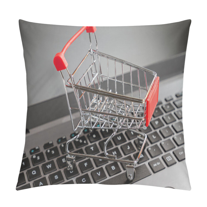 Personality  Laptop Keyboard With A Toy Shopping Cart Standing On It. Close Up. Copy Space. Concept Of Online Shopping And Modern Technologies. Pillow Covers