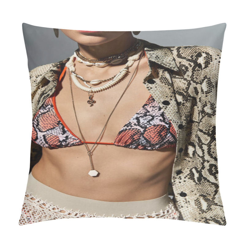 Personality  Blonde Woman Exudes Style In Snake Print Bikini Top And Necklace. Pillow Covers