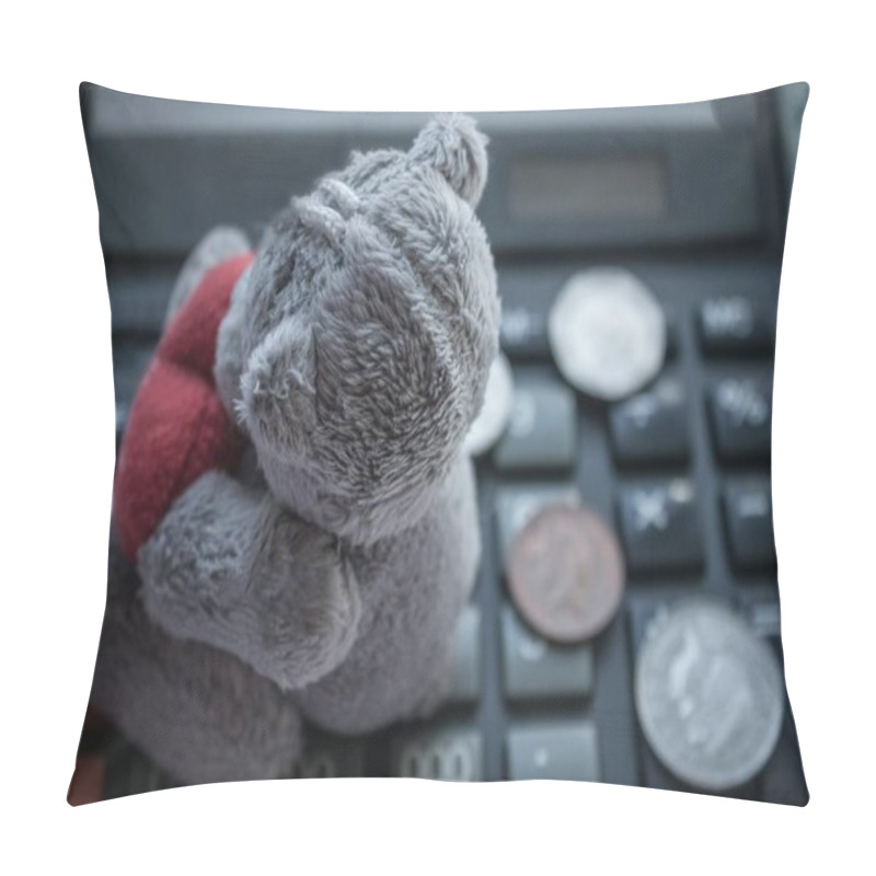 Personality  Expenses For The Child, Payments, Alimony. On The Calculator Coins And Children's Toys. Top View, Vignetting, Background Blurred. Pillow Covers