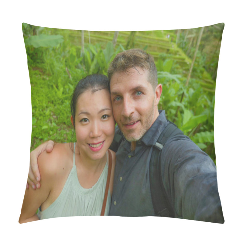 Personality  Young Beautiful And Happy Mixed Ethnicity Couple Beautiful Asian Korean Woman And White Man In Love Taking Selfie Picture Outdoors Enjoying Romantic Holidays Trip In Tropical Honeymoon Vacation Pillow Covers