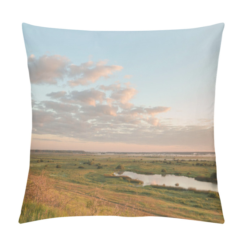 Personality  Misty Sunrise Over A River And A Field Of Grass With Path On It Pillow Covers