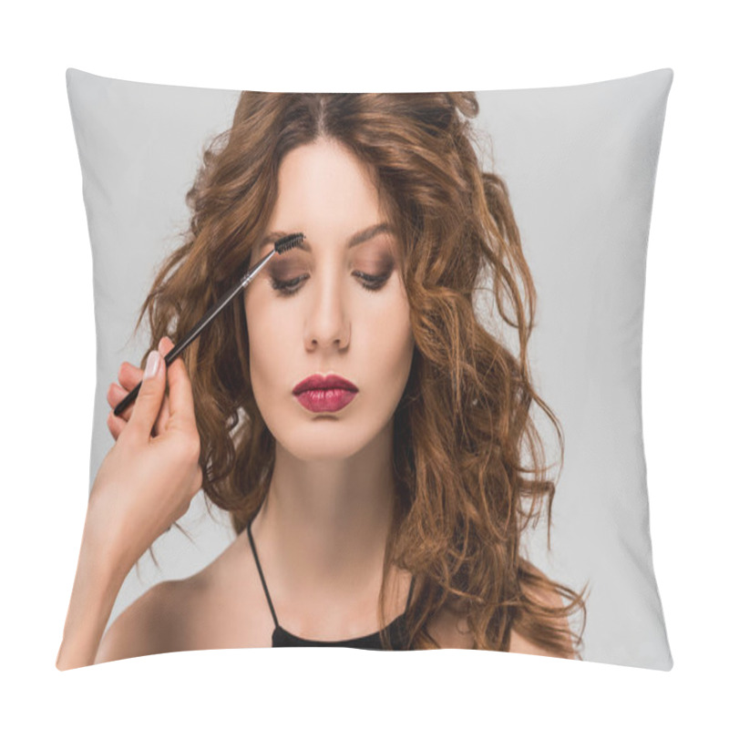 Personality  Cropped View Of Makeup Artist Styling Eyebrows Of Beautiful Woman Isolated On Grey  Pillow Covers