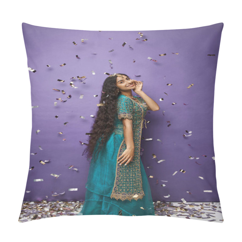 Personality  attractive cheerful indian woman in blue sari posing under confetti rain on purple background pillow covers