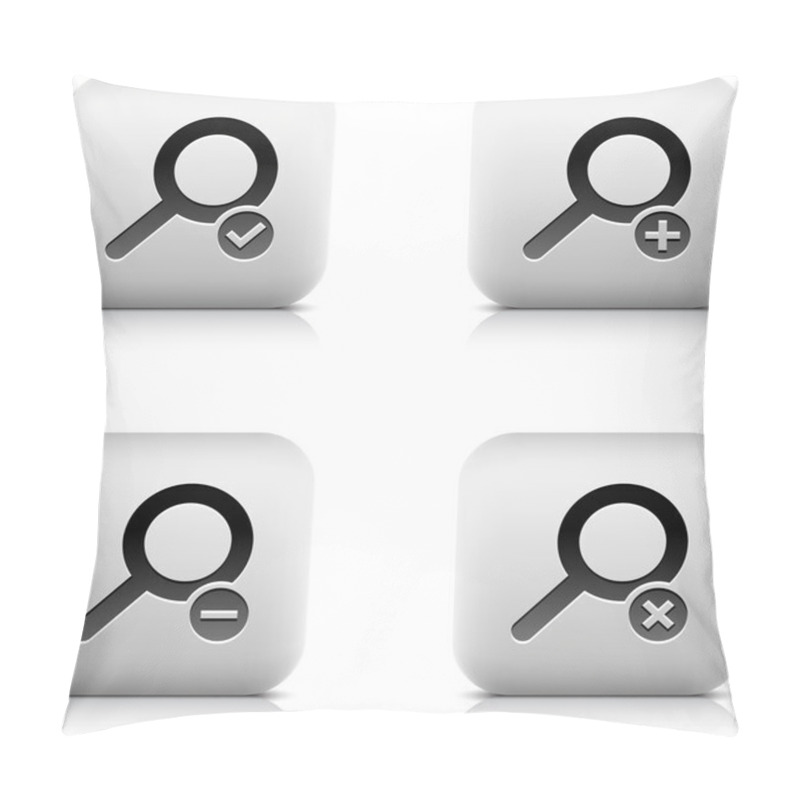 Personality  Stone Web 2.0 Button Magnifier Icon And Check Mark, Plus, Minus, Delete Sign. Satined Rounded Square Shape With Black Shadow And Gray Reflection On White Background. 8 Eps Vector Illustration Pillow Covers