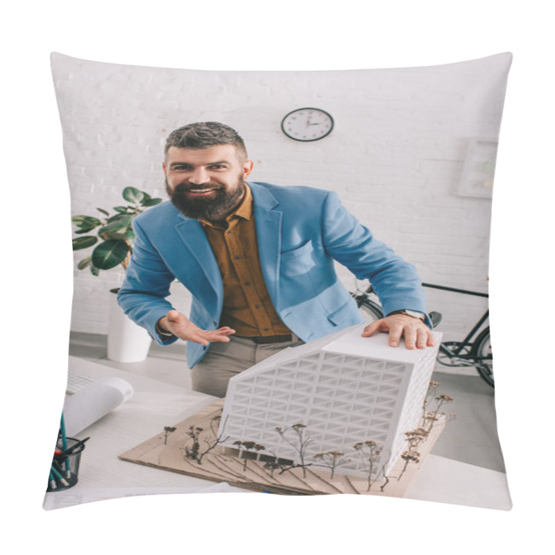 Personality  Smiling Adult Male Architect In Formal Wear Pointing On House Model And Working On Project In Office Pillow Covers