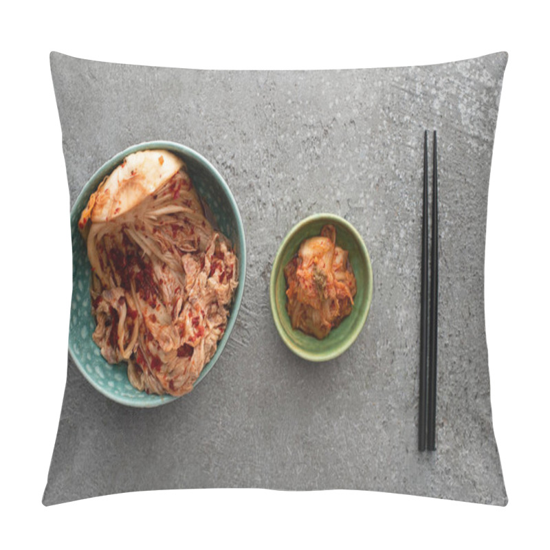 Personality  Top View Of Bowls With Tasty Kimchi And Chopsticks On Concrete Surface Pillow Covers