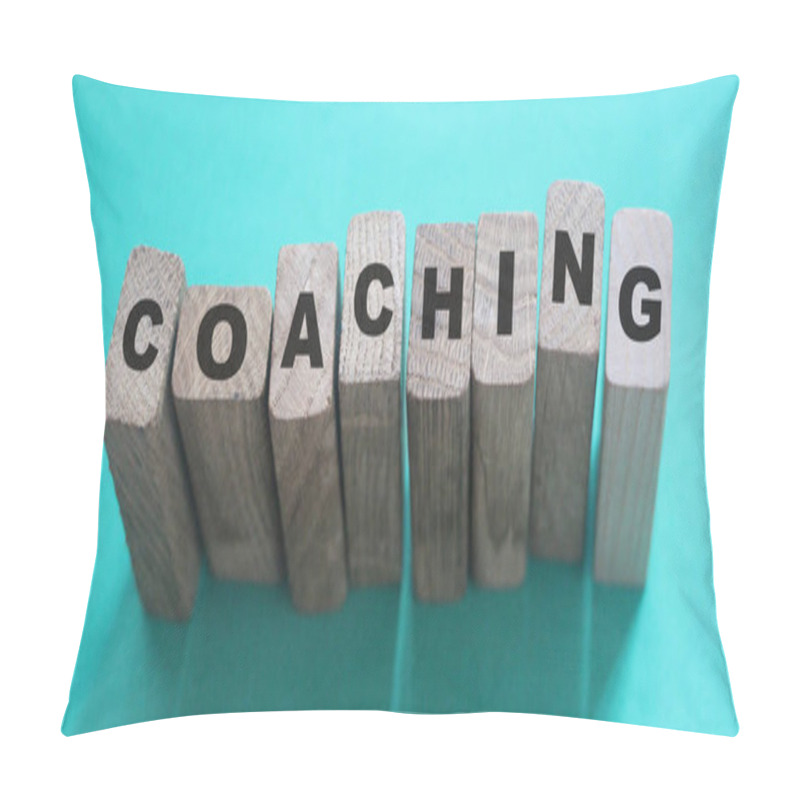 Personality  Coaching Word On Wooden Blocks On Aqua Blue Background. Personal And Business Achievements Concept Pillow Covers