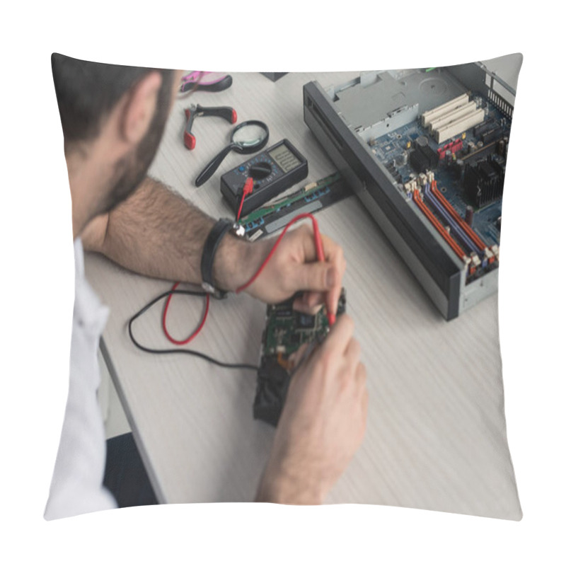 Personality  Cropped Image Of Man Using Multimeter While Testing Hard Disk Drive     Pillow Covers