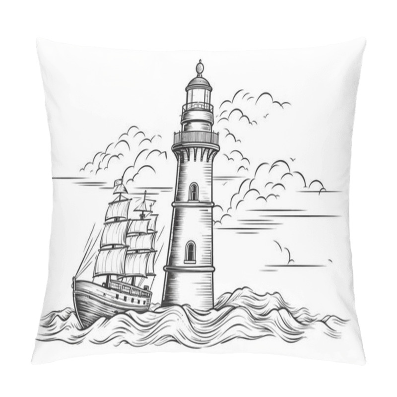 Personality  Lighthouse With Sails And Sea. Vector Illustration  Pillow Covers