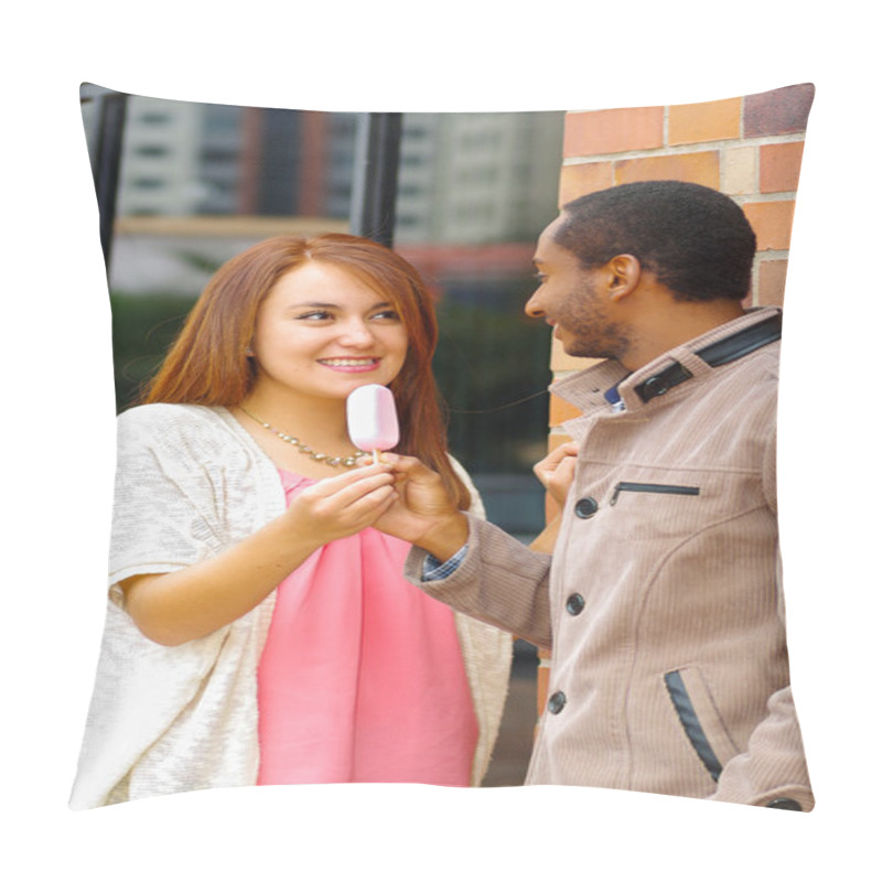 Personality  Interracial Charming Couple Wearing Casual Clothes Interacting Happily And Sharing An Ice Cream Pillow Covers