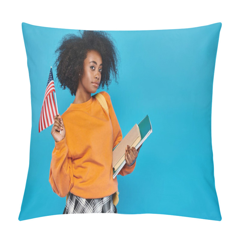 Personality  A Young African American College Girl Standing Proudly, Holding A Book And An American Flag. Pillow Covers