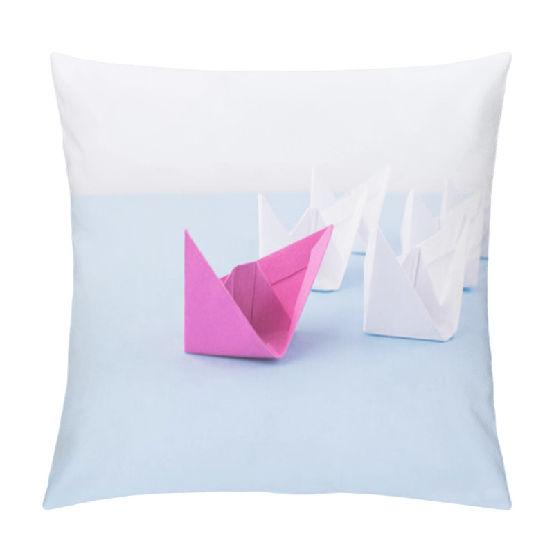 Personality  One Unique Pink Paper Boat Among Many Ones. Different Paper Ships As Individuality And Leadership Concept Pillow Covers