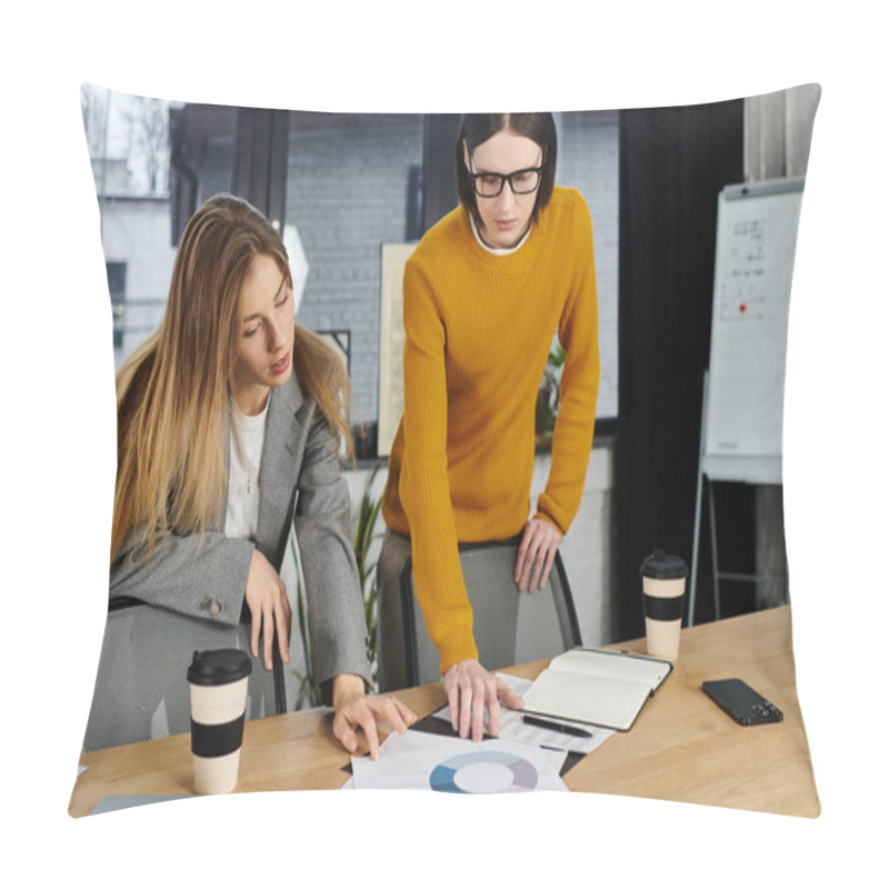 Personality  Two Young People Intensely Discuss And Analyze Project Materials At A Stylish Office Workspace. Pillow Covers