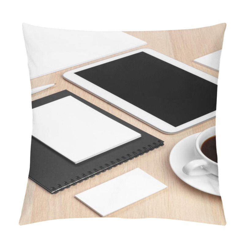 Personality  Digital Tablet With Notepad, Supplies And Coffee Cup On Desktop. Pillow Covers