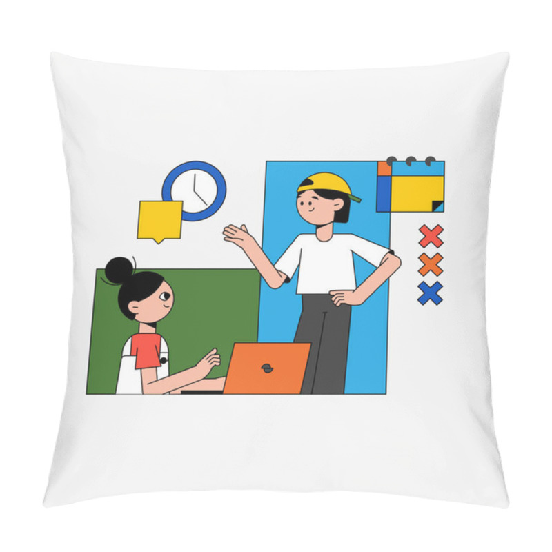 Personality  Flat Vector Illustration Of Two Characters, A Male And A Female, Engaged In Discussion About Work Tasks, Symbolizing Collaboration, Communication, And Teamwork. Pillow Covers