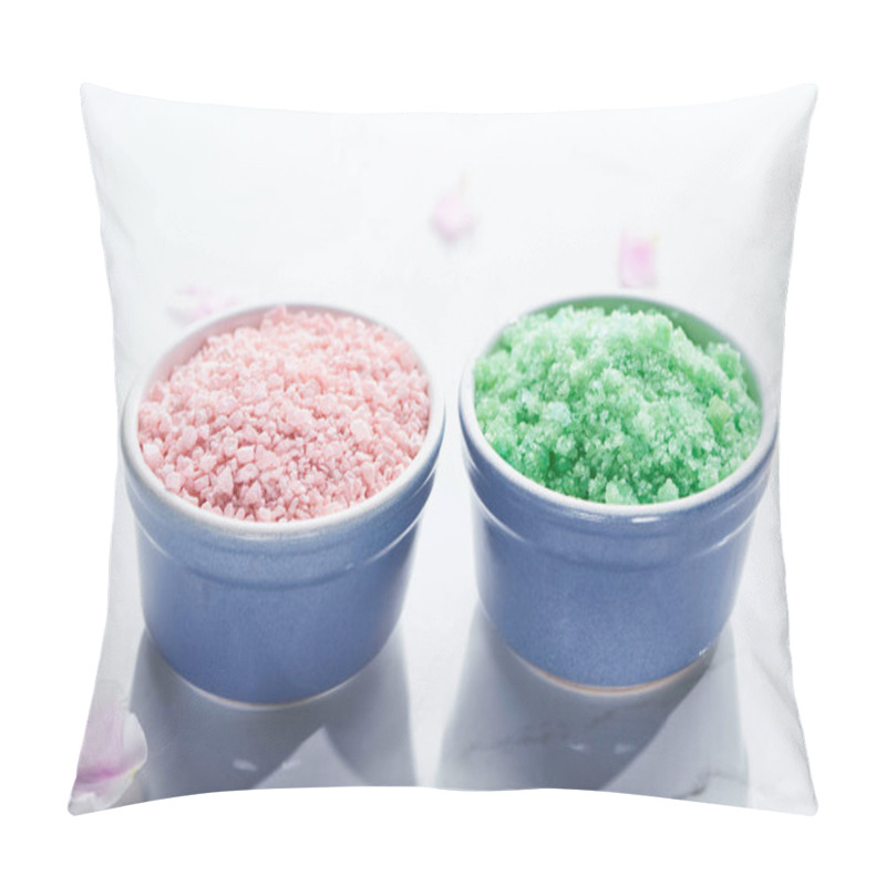 Personality  Close Up View Of Blue Cups With Bath Salts On White Surface With Pink Petals Pillow Covers