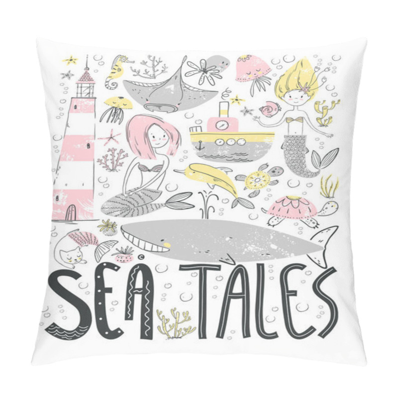 Personality  Poster Sea Tales With Ocean Symbols. Mermaids And Sea Animals, Water Transport And Lighthouse. Pillow Covers