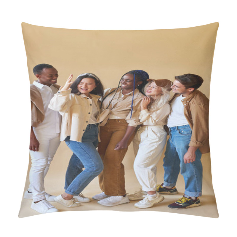 Personality  Interracial Group Of People Look At Their Crazy Funny Asian Girlfriend Isolated Pillow Covers