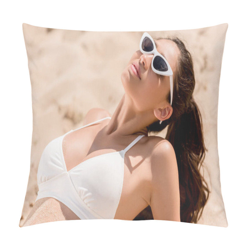 Personality  Brunette Woman In Sunglasses And White Bikini Sunbathing On Sand Pillow Covers