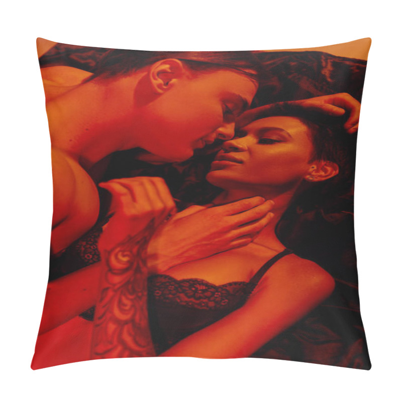 Personality  Top View Of Tattooed Woman And Young Man Making Love On Black Silk Bedding In Red Light Pillow Covers