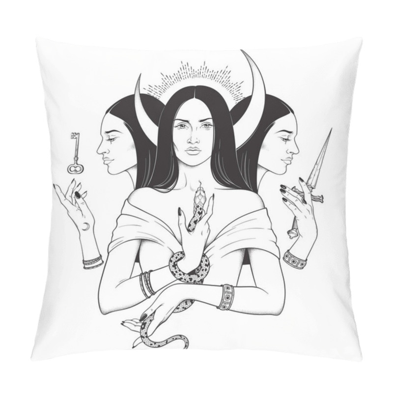 Personality  Triple Lunar Goddess Hecate Ancient Greek Mythology Hand Drawn Black And White Isolated Vector Illustration. Blackwork, Flash Tattoo Or Print Design Pillow Covers