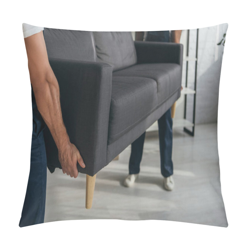 Personality  Partial View Of Workers Carrying Heavy Sofa In Apartment  Pillow Covers