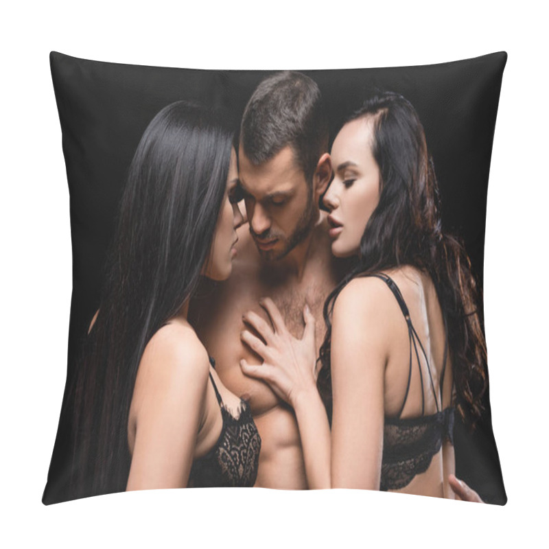 Personality  Sexy Man Near Seductive, Brunette Women Seducing Him Isolated On Black Pillow Covers