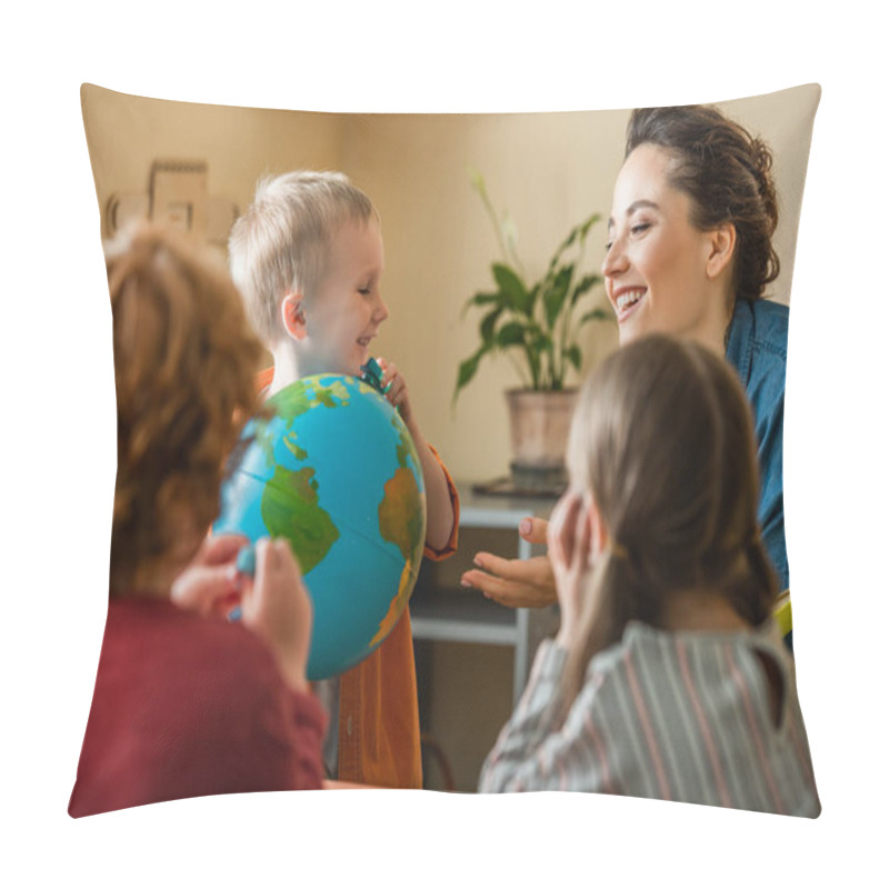 Personality  Happy Boy Holding Globe Near Cheerful Teacher An Kids On Blurred Foerground Pillow Covers