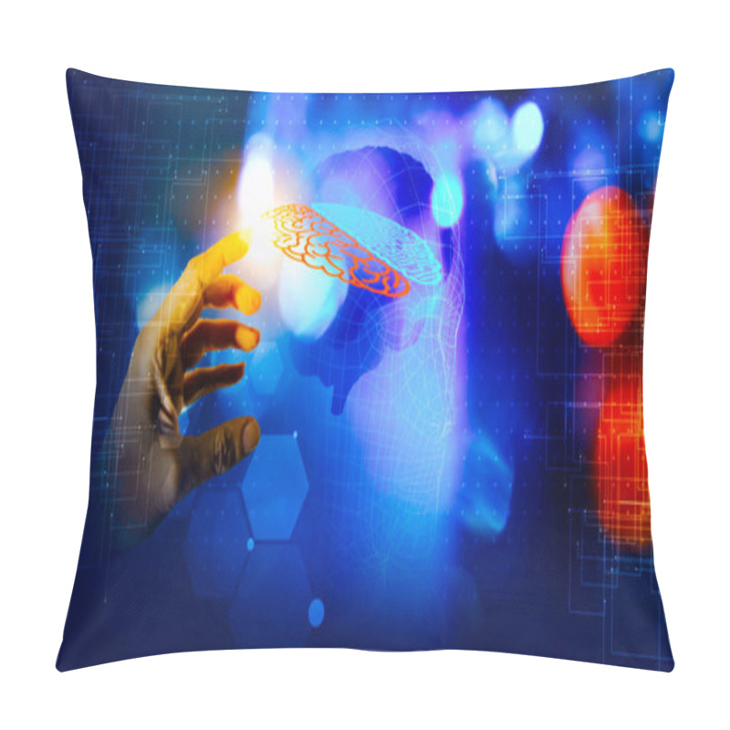 Personality  Man Hand Touching. Introduction Of Artificial Intelligence, The Metaverse Universe. Cyberspace Of Future. Brain Potential. Science And Innovation Of Technology. 3d Rendering Pillow Covers