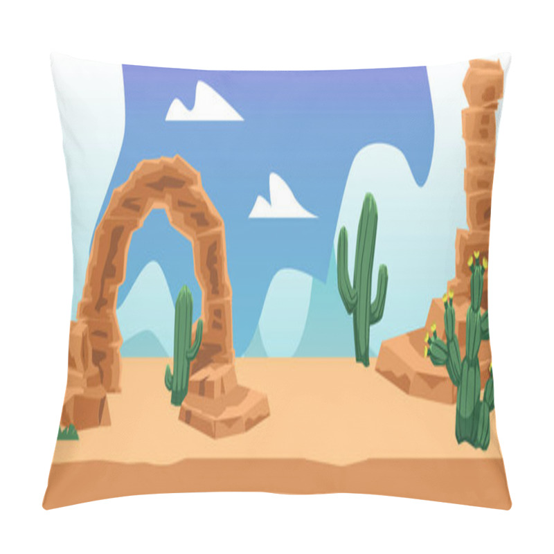 Personality  Desert Landscape Poster Or Game Location Background, Flat Vector Illustration. Pillow Covers