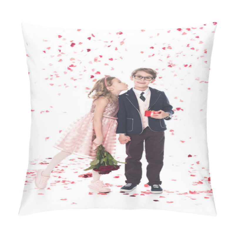 Personality  Cute Little Boy In Eyeglasses And Suit Holding Gift Box And Smiling At Camera While Girl With Roses Able To Kiss Him On White With Falling Heart Shaped Confetti Pillow Covers