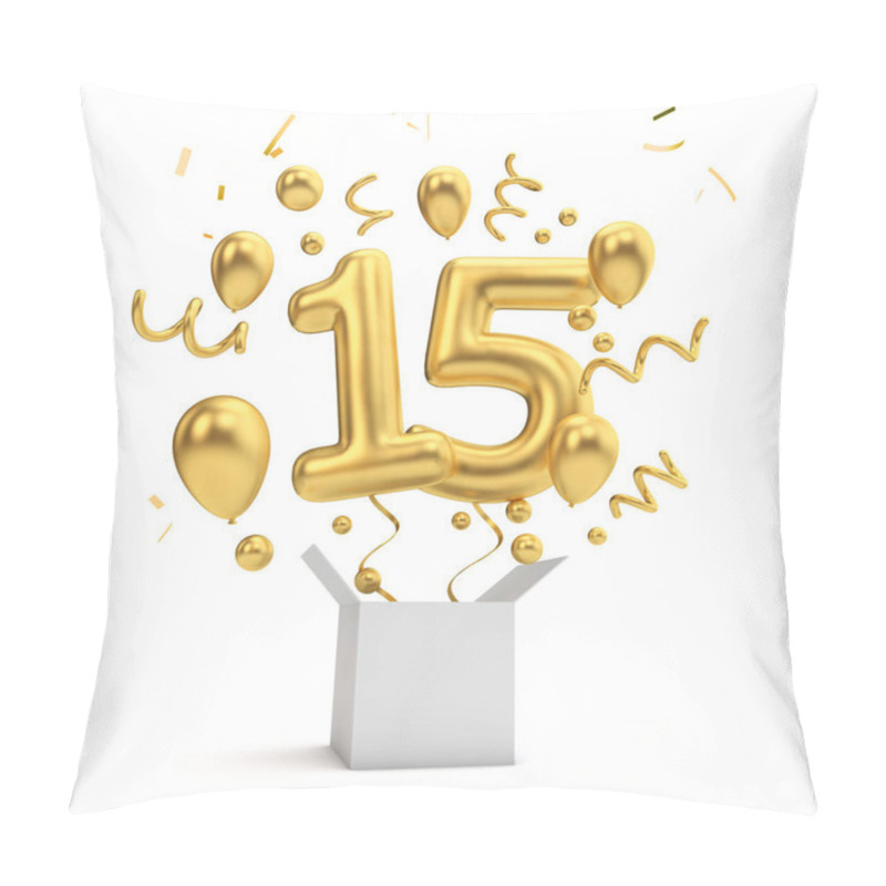 Personality  Happy 15th Birthday Gold Surprise Balloon And Box. 3D Rendering Pillow Covers