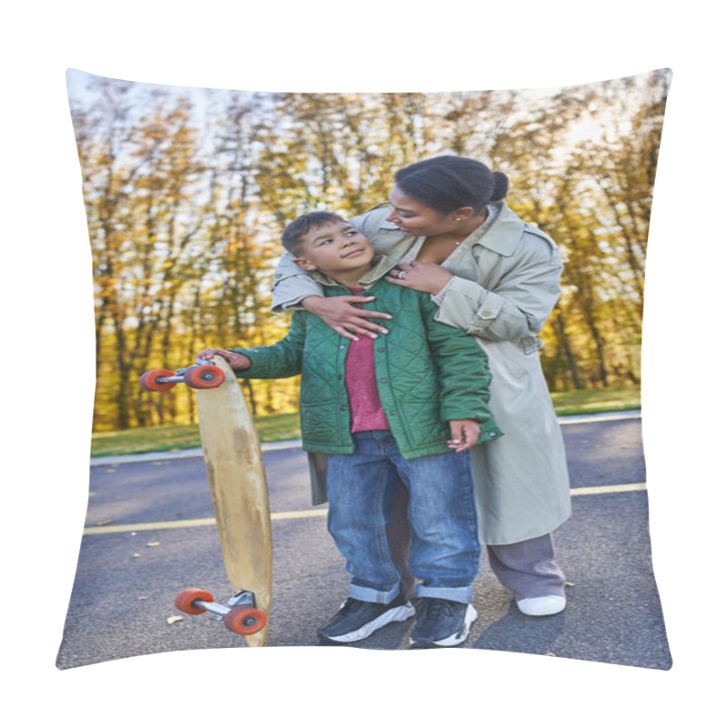 Personality  African American Mother Hugging Son With Penny Board, Autumn, Fall Season, Motherly Love, Smile Pillow Covers