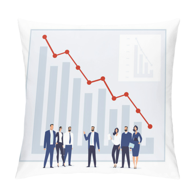 Personality  A Group Of People Is Standing In Front Of A Fall Chart. Conceptual Illustration Of Teamwork, Global Economic Crisis, Ruin, Failure On The Stock Exchange. Flat Vector Illustration With Tiny People. Pillow Covers