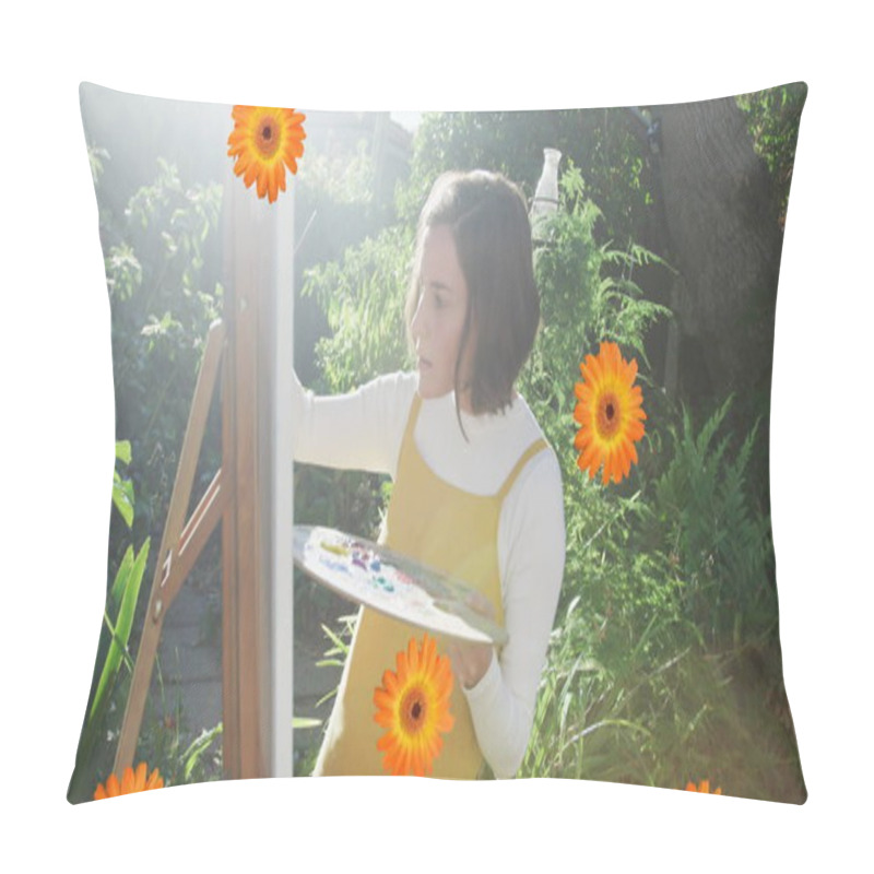 Personality  Composite Image Of Flowers Icons Falling Against Caucasian Female Artist Painting In The Garden. Art Concept Pillow Covers