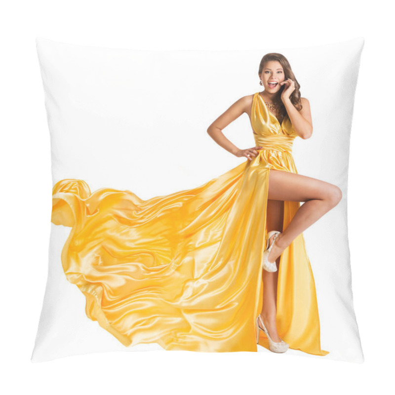 Personality  Woman Yellow Dress Flying On Wind, Beautiful Fashion Model In Fluttering Gown On White Background Pillow Covers