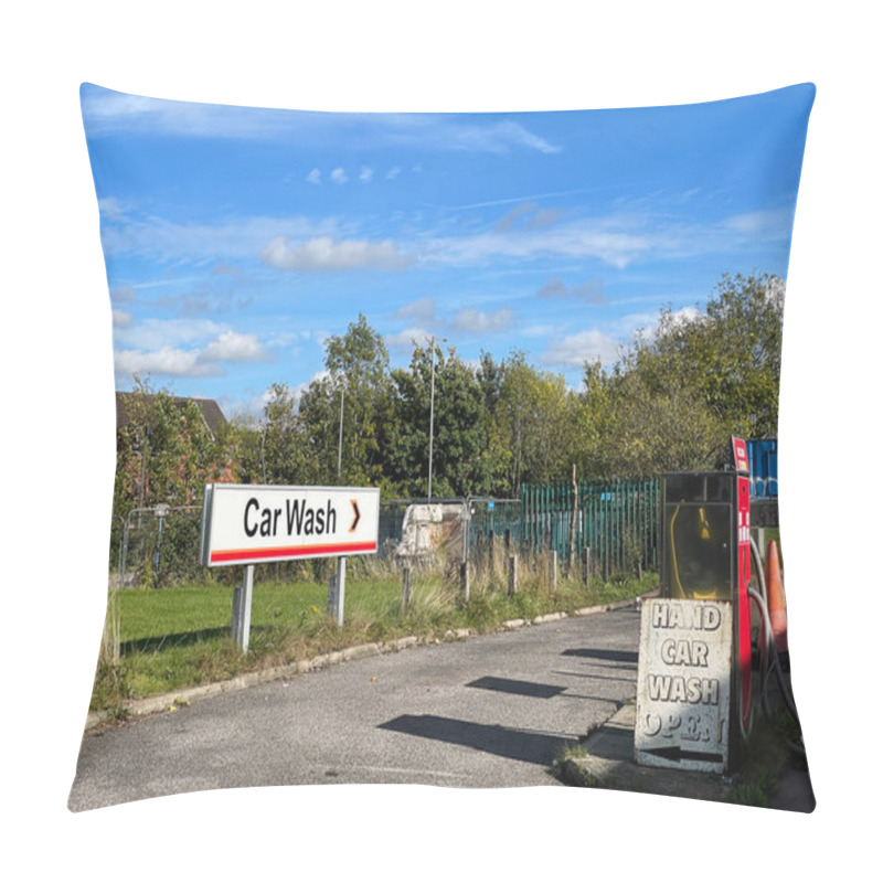 Personality  Car Wash Facility With Signage On A Sunny Day. The Setting Is Surrounded By Greenery And Clear Blue Skies, Creating A Welcoming Atmosphere. Pillow Covers