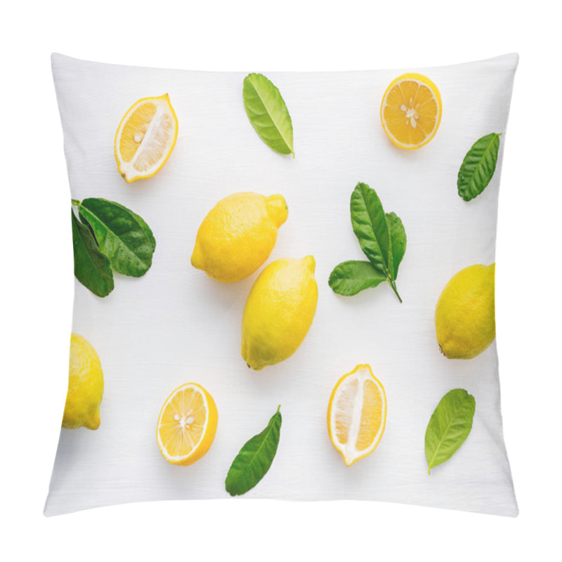 Personality  Fresh Lemons And  Lemons Leaves On White Wooden Background. Pillow Covers