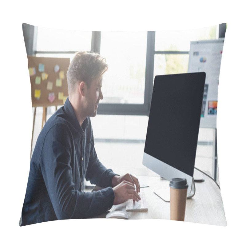 Personality  Side View Of Programmer Using Computer Near Coffee To Go In Office  Pillow Covers