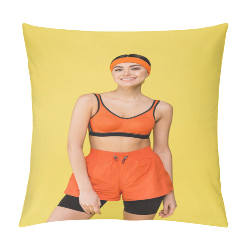 Personality  Young Woman In Orange Sportswear Smiling At Camera Isolated On Yellow Pillow Covers