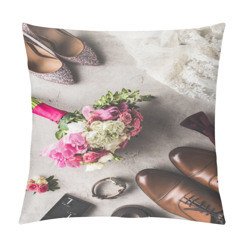 Personality  Top View Of Wedding Accessories And Bouquet On Gray Surface Pillow Covers