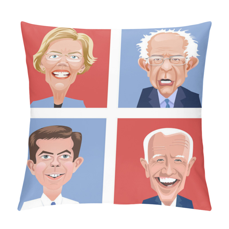 Personality  Cartoon Heads Of Four Democratic Candidates For United States Presidential Election In November 2020. Elizabeth Warren, Bernie Sanders, Pete Buttigieg And Joe Biden. Pillow Covers