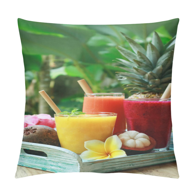 Personality  Dragon Fruit, Papaya And Mango Smoothies In Glasses With Bamboo Drinking Straws And Fresh Tropical Fruits  Outdoor Pillow Covers