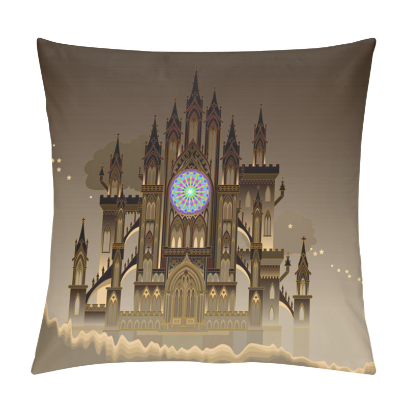 Personality  Fantastic Gothic Castle From Fairyland. Medieval Cathedral With Stained Glass Rose. Middle Ages In Western Europe. Printable Poster For Travel Company. Illustration For Kids Fairy Tale Book. Pillow Covers