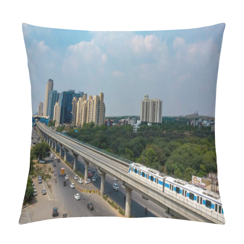 Personality  Gurgaon, India, 2020. Aerial Shot Of Rapid Metro Tracks In Urban Areas Of Delhi NCR, Gurgaon, Noida With Metro Running On The Tracks. A Very Useful Addition To Existing DMRC Rail Network Pillow Covers