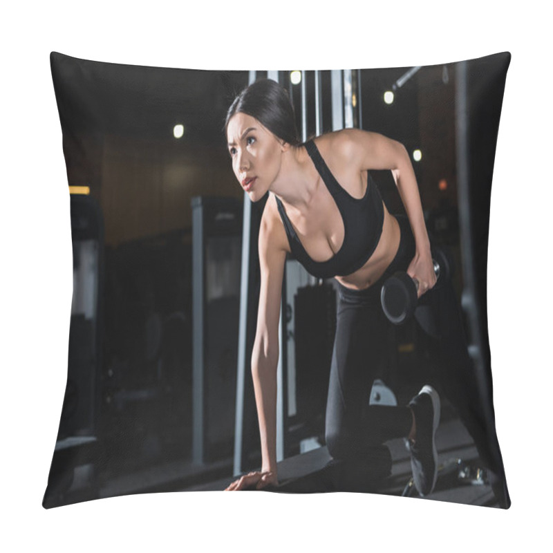 Personality  Low Angle View Of Strong And Beautiful Woman Working Out With Dumbbell In Gym  Pillow Covers