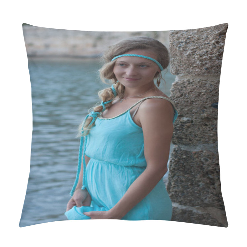 Personality  Young Blonde Woman With Braided Hear  Wearing Turquoise Dress  Pillow Covers