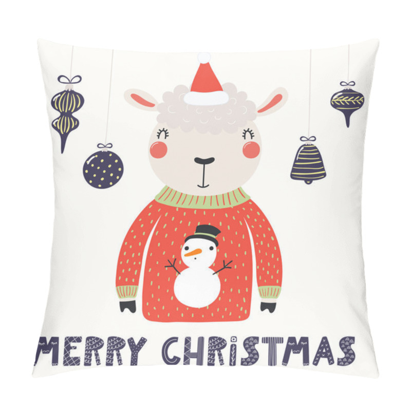 Personality  Hand Drawn Vector Illustration Of A Cute Funny Sheep In A Santa Hat And Sweater With Text Merry Christmas, Scandinavian Style Flat Design, Concept For Children Card. Pillow Covers