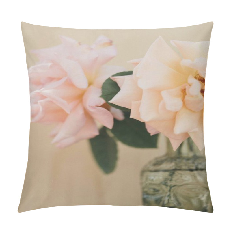 Personality  Delicate Pink Roses In A Glass Vase Against A Soft Background. Pillow Covers